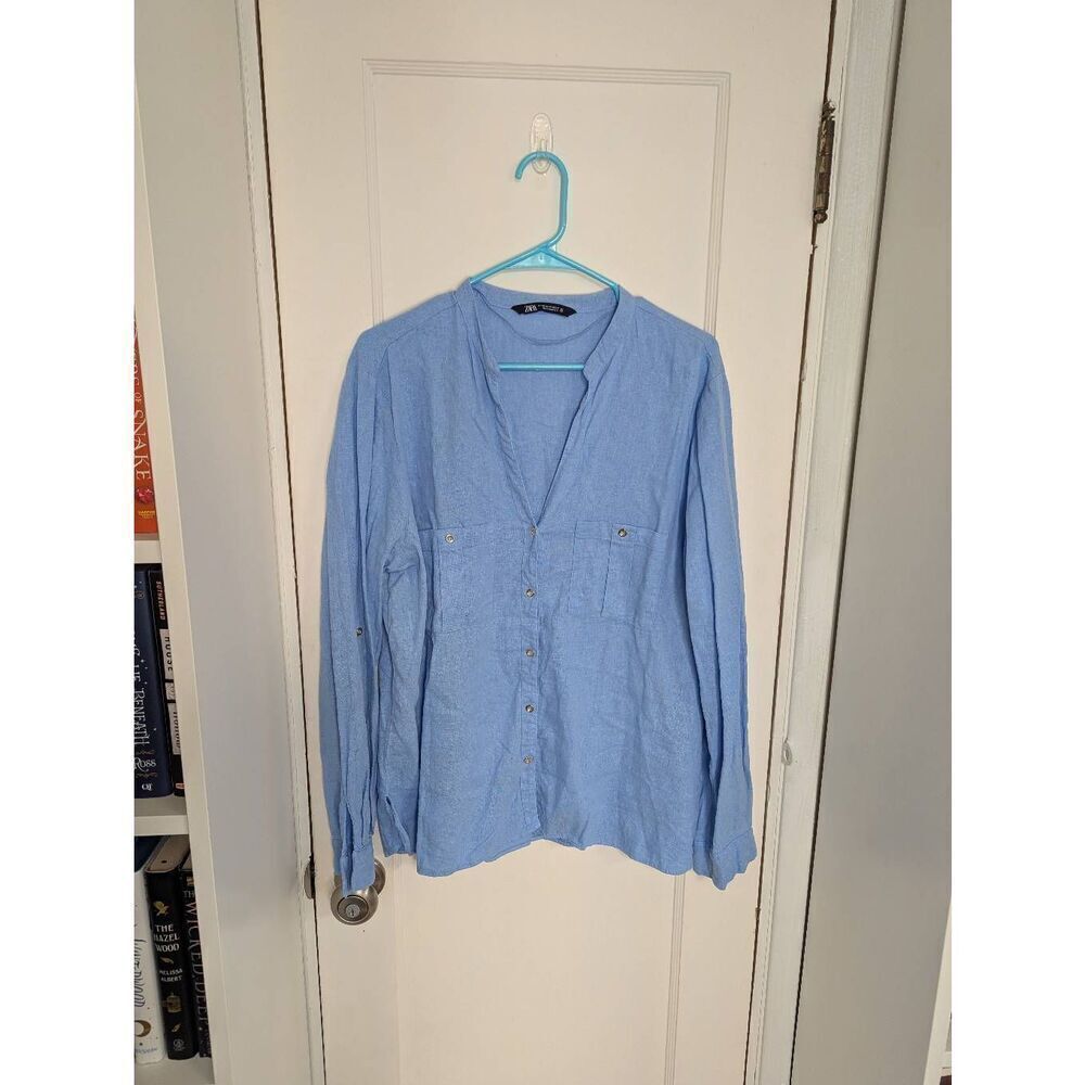 Zara Women's Long Sleeve Button Down V-Neck Linen Blend Top - Size XXL
